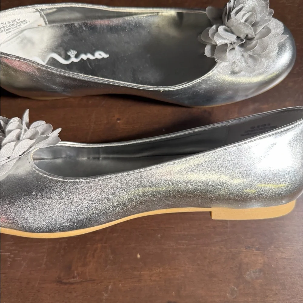 Nina Silver Glitter Girls Flats with Floral Detail - worn once